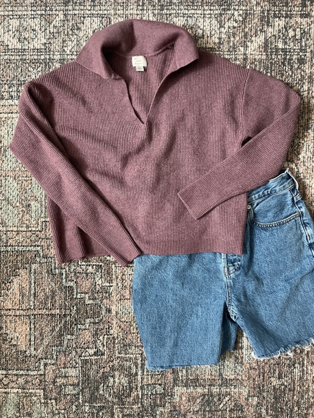 A New Day Ribbed Collared Sweater XS Lavender Cropped Knit Preppy Pullover